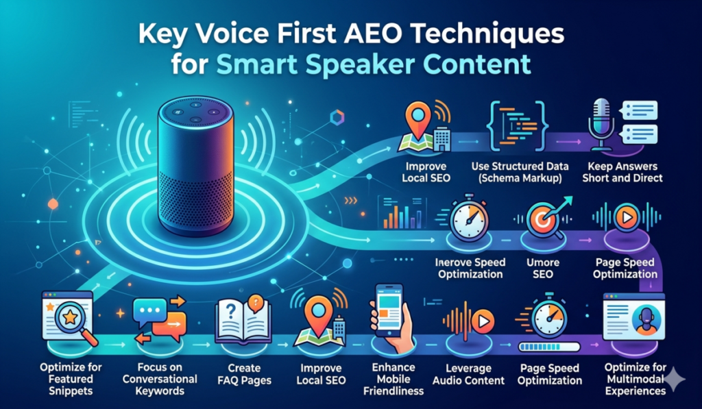 Voice First AEO Techniques for Smart Speaker Content: Rank in Alexa, Google Assistant & Voice Search (2026 Guide) 4 Voice First AEO Techniques for Smart Speaker Content